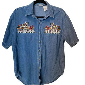 VTG 90s Bobbie Brooks Cotton Floral Embroidery Button Up Denim Shirt Women Sz M